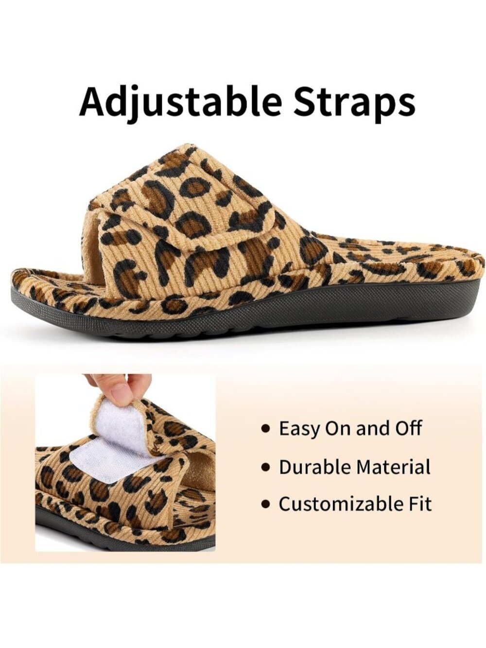 Women's Leopard Orthopedic Arch Support Indoor Corduroy Open Toe Slipper Shoes - Picture 5 of 6